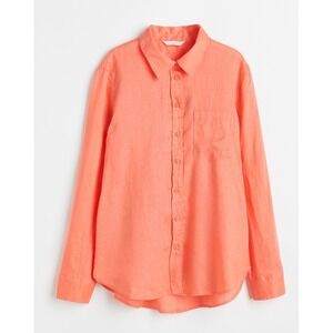 H&M Linen‎ Button Down Shirt Mens Medium Coral Long Sleeve Casual Relaxed Fit